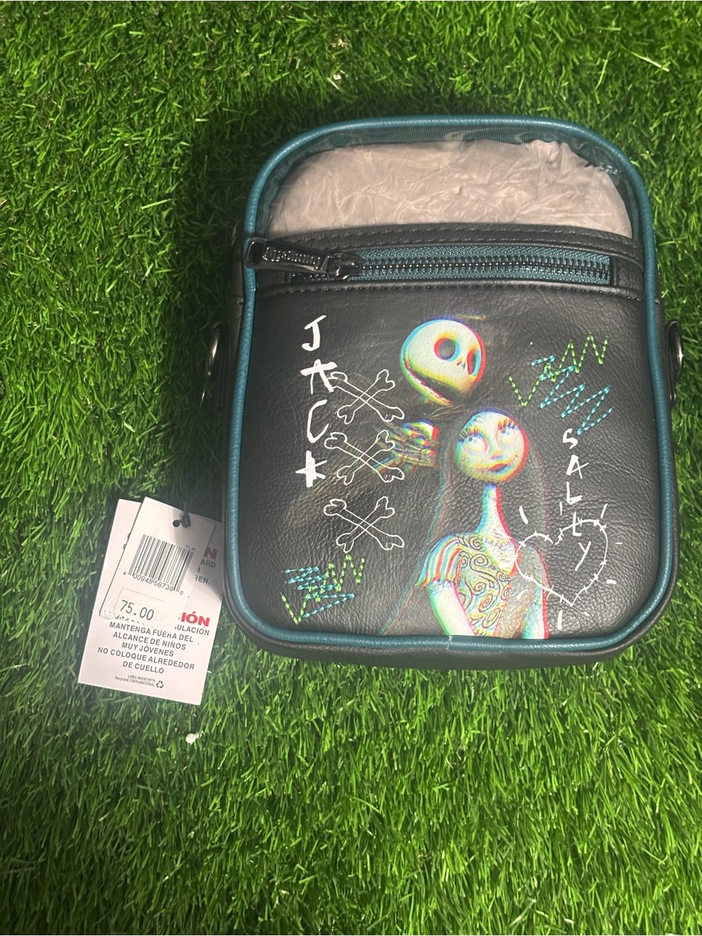 Nightmare-Inspired Black Crossbody Bag with Neon Accents